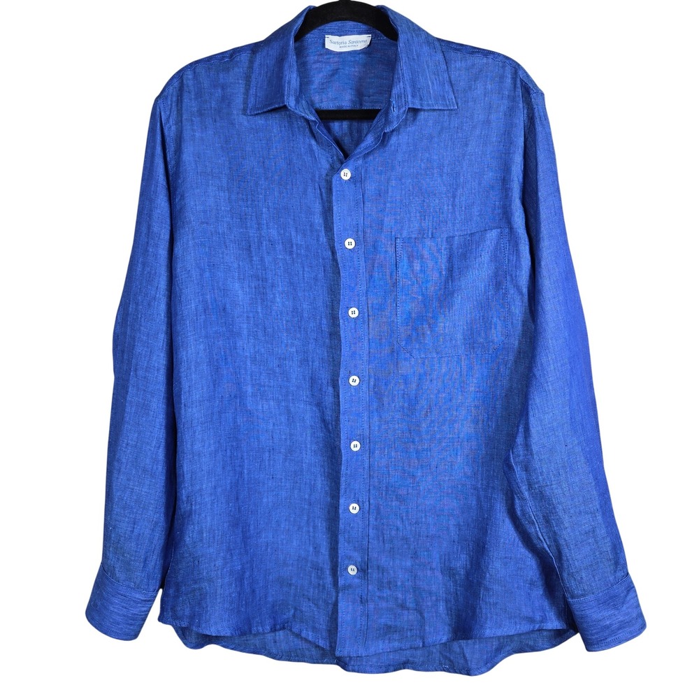 Sartoria Saracena Linen Shirt Mens XS Blue Long Sleeve Button Up Made in Italy
